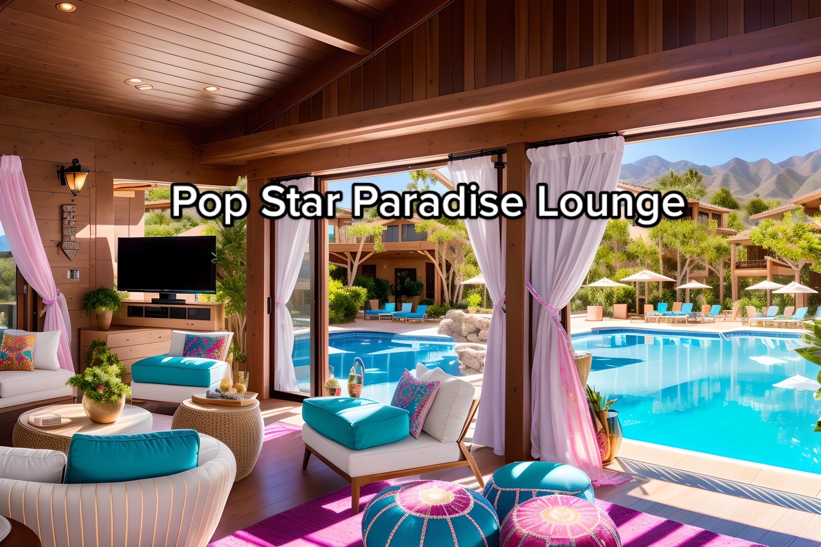 Lounge Paraíso Pop Star, em frente à piscina, do resort inspirado em Hannah Montana — Foto: aipresence / TikTok / Reprodução