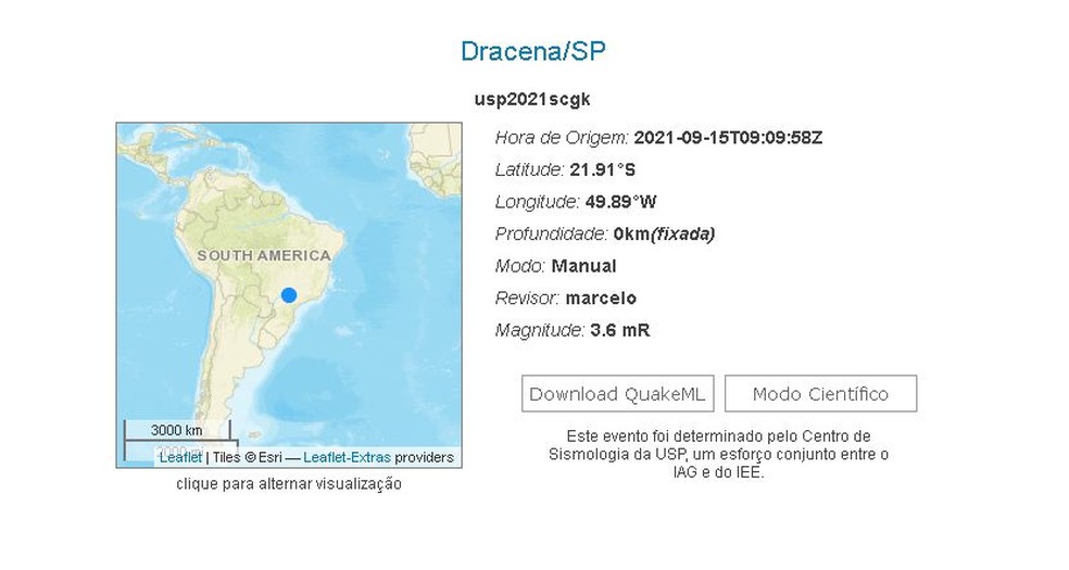 Tremor de terra em Guaimbê (SP) foi registrado pelo Centro de Sismologia da USP; magnitude foi de 3.6, com epicentro em Dracena (SP) — Foto: Reprodução