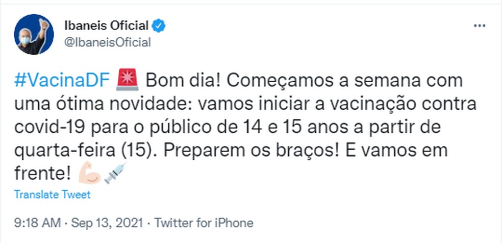 Ibaneis anuncia vacinação para adolescentes de 14 e 15 anos — Foto: Twitter/Reprodução