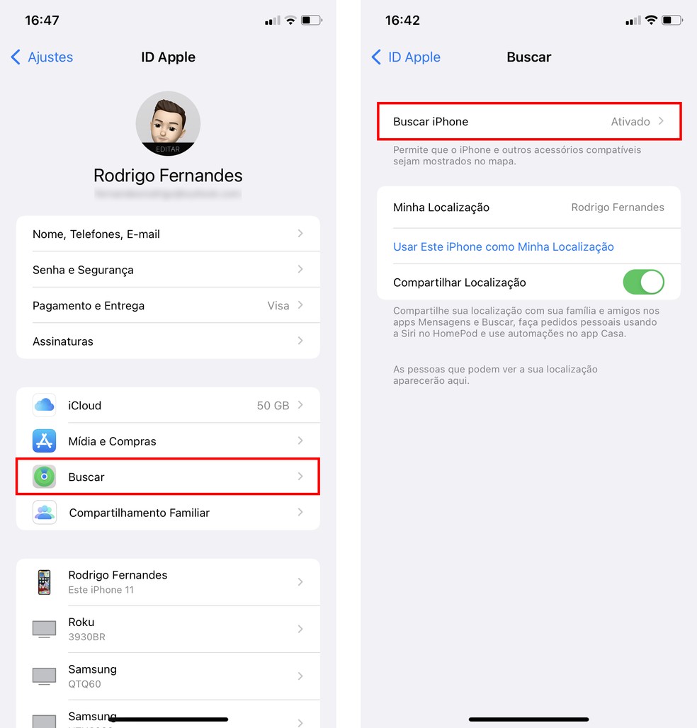 Acessando o Buscar iPhone nas configurações do celular — Foto: Reprodução/Rodrigo Fernandes
