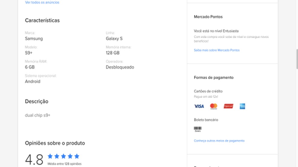  A descrição do Galaxy S9 está incompleta. Observe que o anúncio não especifica qual a versão do Android — Foto: Reprodução