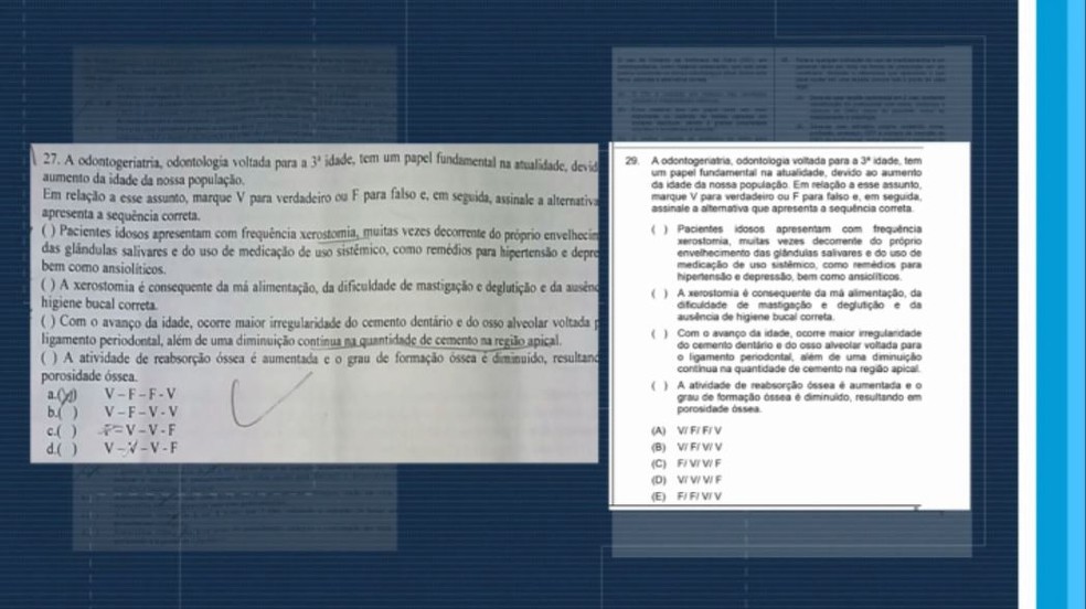À direita, questão do concurso em Batatais, SP, e à esquerda, a mesma questão na prova da Marinha, em 2015 — Foto: Reprodução/EPTV