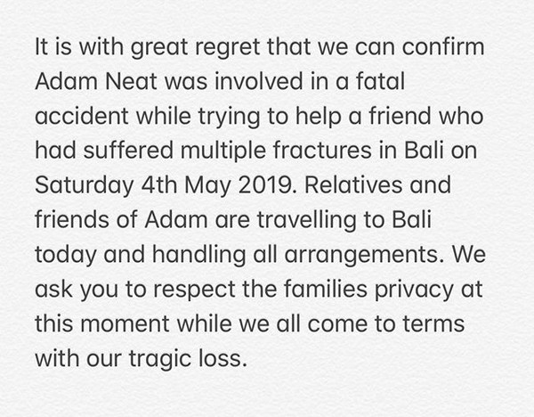 A nota compartilhada nas redes sociais confirmando a morte do DJ Adam Sky (Foto: Instagram)