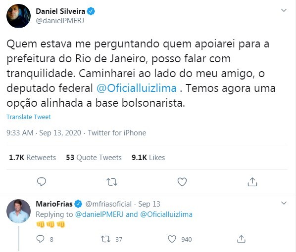 Daniel Silveira declara apoio a Luiz Lima