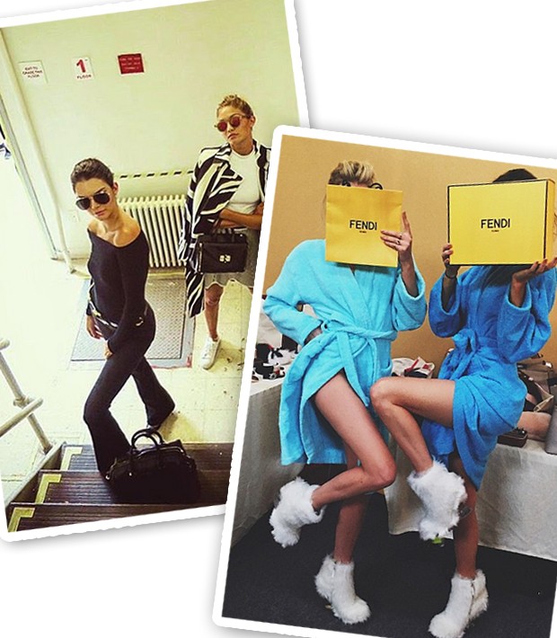 Kendall com Gigi Hadid no backstage da NYFW e com Lily Donaldson no backstage da Fendi (Foto: Instagram/Reprodução)