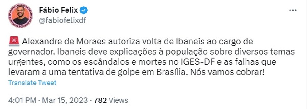 Deputado Fábio Feliz comenta volta de Ibaneis Rocha ao governo do DF  — Foto: Reprodução/Twitter 