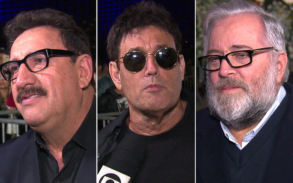 Ratinho, Sergio Mallandro e Leão Lobo falam em velório de Gugu Liberato — Foto: TV Globo/Reprodução