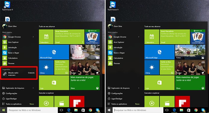 Windows 10 tem sugestões no Menu Iniciar que podem ser removidas (Foto: Reprodução/Elson de Souza)