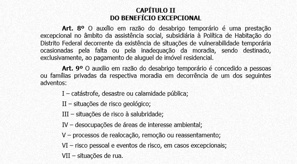 Trecho do decreto distrital sobre auxílio-moradia para desabrigados (Foto: CLDF/Divulgação)