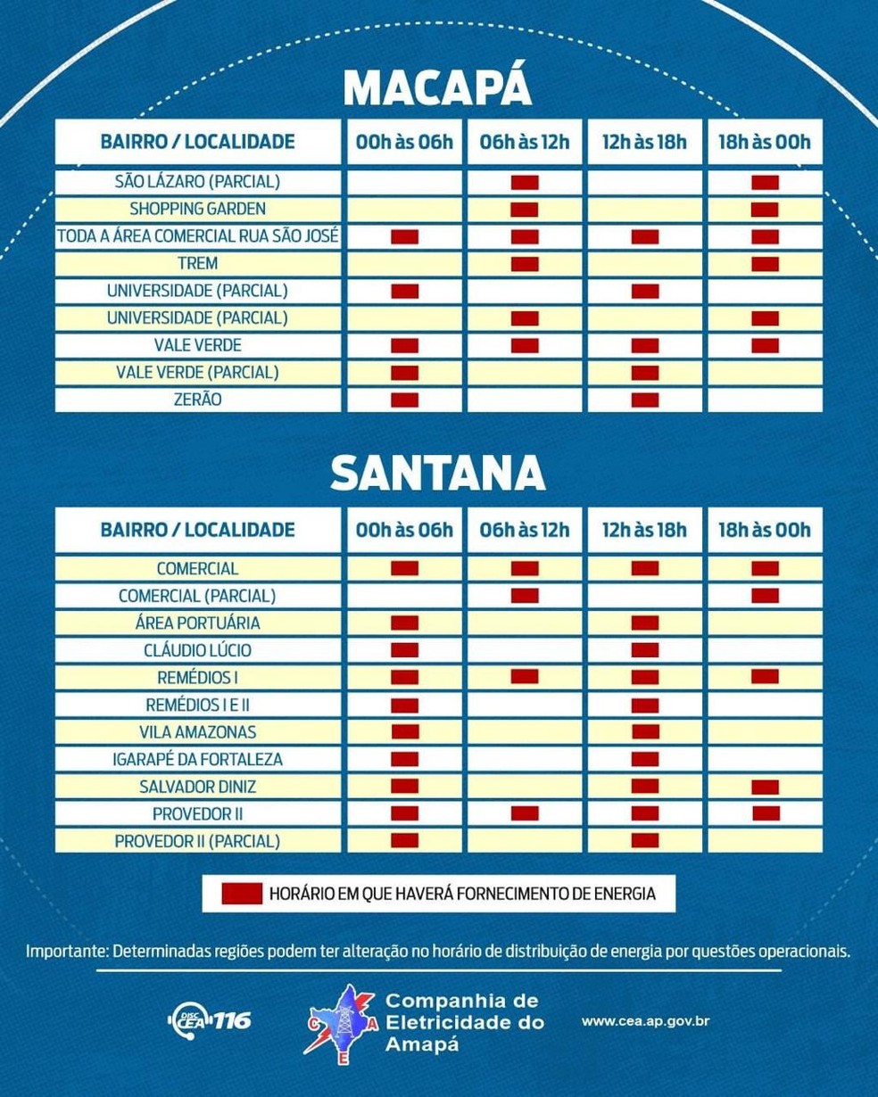 Amapá - cronograma de rodízio - Macapá 4 e Santana 1 — Foto: CEA/Divulgação