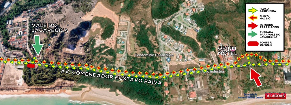 Rota traçada para quem segue de Guaxuma em direção Jacarecica. — Foto: Divulgação / Setrand