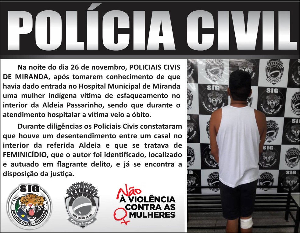 Publicação da Polícia Civil de Miranda nas redes sociais mostra o suspeito detido na Delegacia do município — Foto: Polícia Civil de Miranda/Divulgação