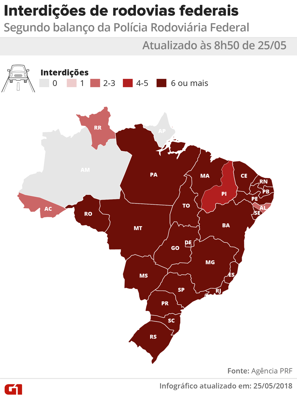 08h50: Mapa dos estados que têm rodovias com interdições por causa do protesto dos caminhoneiros  (Foto: Karina Almeida e Juliane Souza/G1)