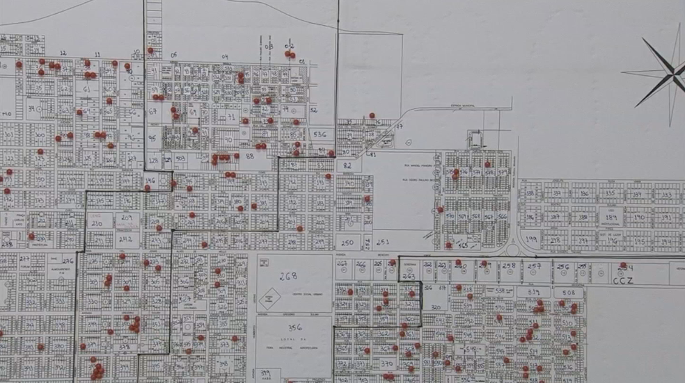 Mapa da cidade de Pereira Barreto mostra onde leishmaniose foi diagnosticada (Foto: Reprodução/TV TEM)