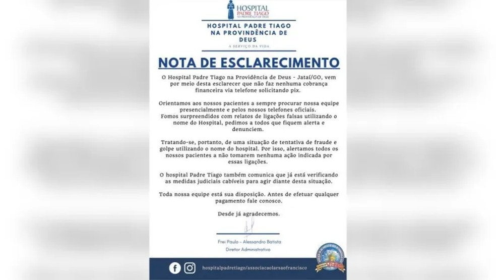 Nota de esclarecimento do Hospital Padre Tiago, em Jataí, Goiás — Foto: Reprodução/ Hospital Padre Tiago