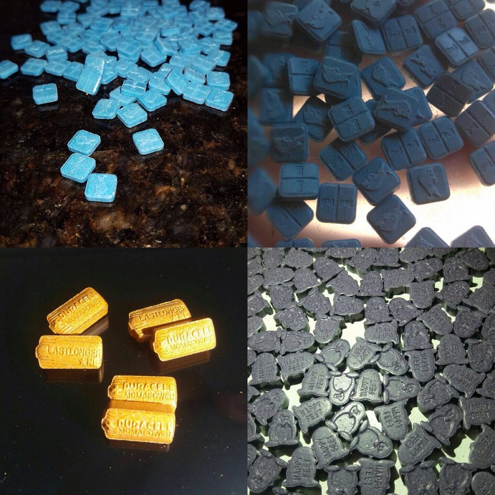 Fotos dos comprimidos de ecstasy compartilhadas pelos traficantes nas redes sociais (Foto: GIDG/PC-AL)
