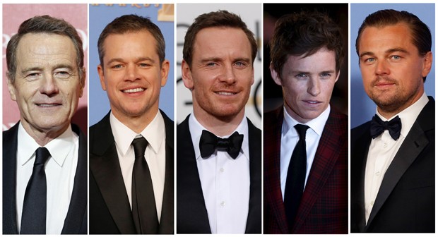 Nomeados ao Oscar 2016 de melhor ator: Bryan Cranston ('Trumbo'), Matt Damon ('Perdido em Marte'), Michael Fassbender ('Jobs'), Eddie Redmayne ('A Garota Dinamarquesa'), e Leonardo DiCaprio ('O Regresso') (Foto: Reuters)