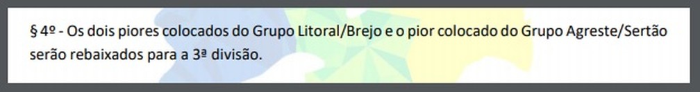 Artigo 8º, § 4º, do Regulamento Específico da 2ª divisão do Paraibano de 2019 previa o rebaixamento de três clubes — Foto: Reprodução / FPF-PB