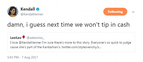 A crítica da modelo Kendall Jenner por ter sido exposta pelo gerente de um bar em Nova York (Foto: Twitter)