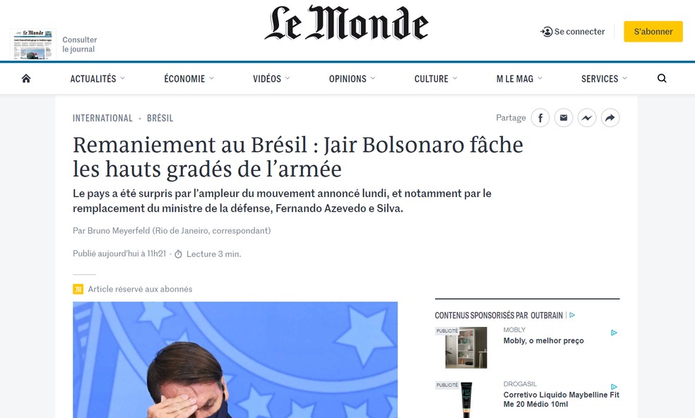 Le Monde: imprensa internacional noticia reforma ministerial de Bolsonaro — Foto: Reprodução/Le Monde
