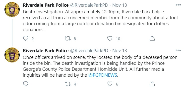 A Polícia de Riverdale Park informou sobre o caso no Twitter (Foto: Reprodução/Twitter)