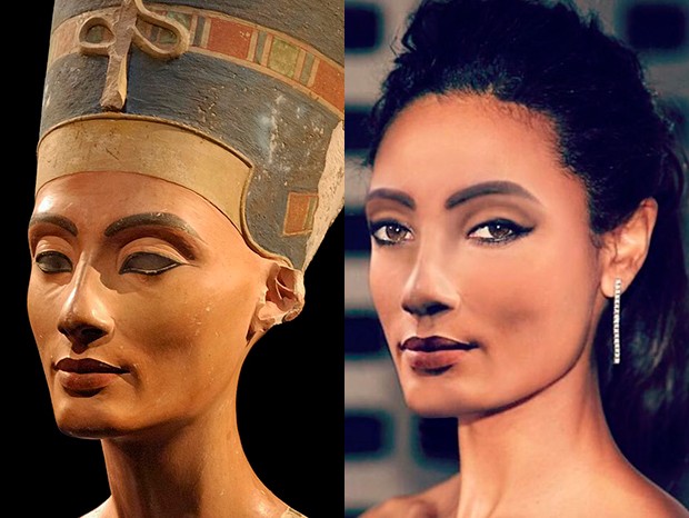 O busto de 3400 anos de Nefertiti e sua versão mais moderna e atual (Foto: Reprodução/Instagram)