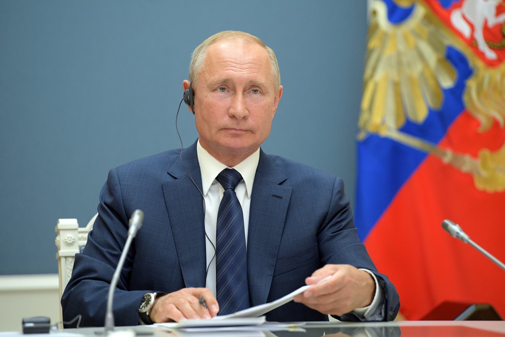 Vladimir Putin durante conferência, em 1º de julho de 2020 — Foto: Sputnik/Alexei Druzhinin/Kremlin/Via Reuters 