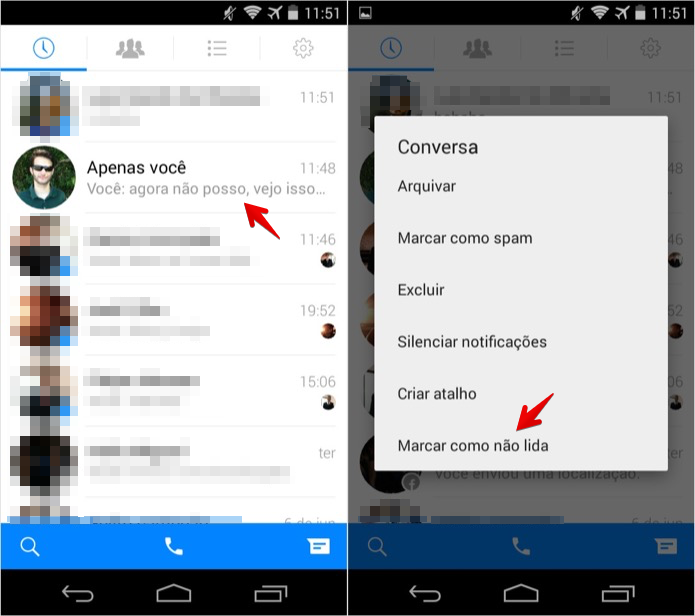 Marcando conversa como n?o lida no Facebook Messenger para Android (Foto: Reprodu??o/Helito Bijora) 