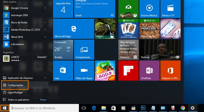 Acesse as configurações do PC pelo menu iniciar do Windows 10 (Foto: Reprodução/Barbara Mannara)