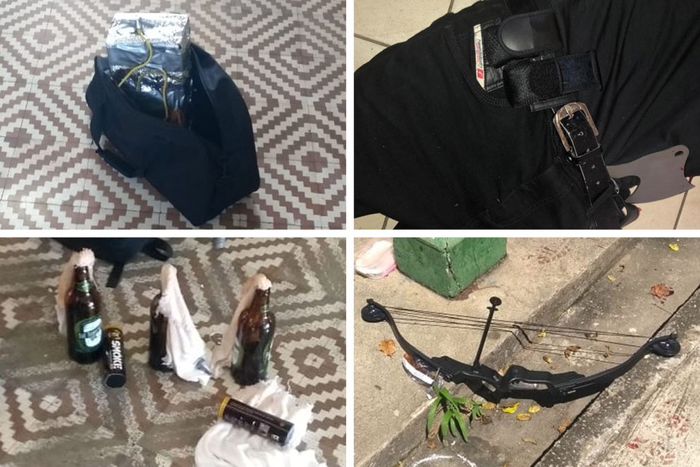 CombinaÃ§Ã£o de fotos mostra algumas das armas utilizadas pelos criminosos no massacre na Escola Estadual Raul Brasil em Suzano, na Grande SÃ£o Paulo. Dentro da escola, a polÃ­cia encontrou um revÃ³lver 38, quatro jet luders, que sÃ£o plÃ¡sticos para recarregamento de arma, uma besta (um tipo de arco e flecha que dispara na horizontal), um arco e flecha tradicional e garrafas que aparentam ser coquetÃ©is molotov. Um dos autores do ataque tinha uma espÃ©cie de machado na cintura.  â Foto: Arquivo Pessoal