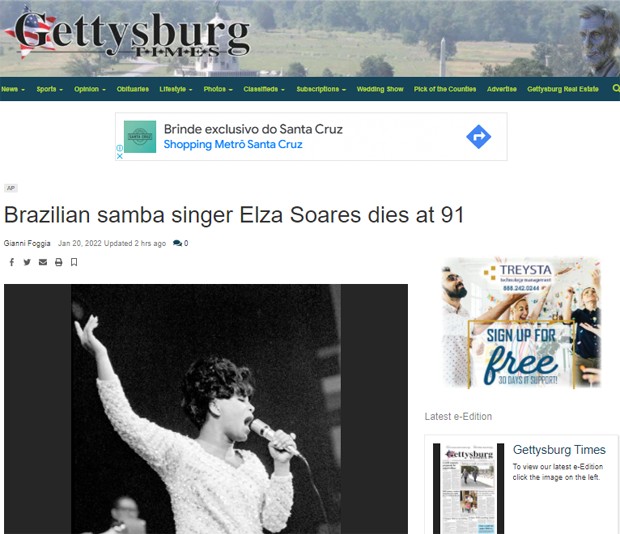 Morte de Elza Soares repercute no Gettysburg Times (Foto: Reprodução)