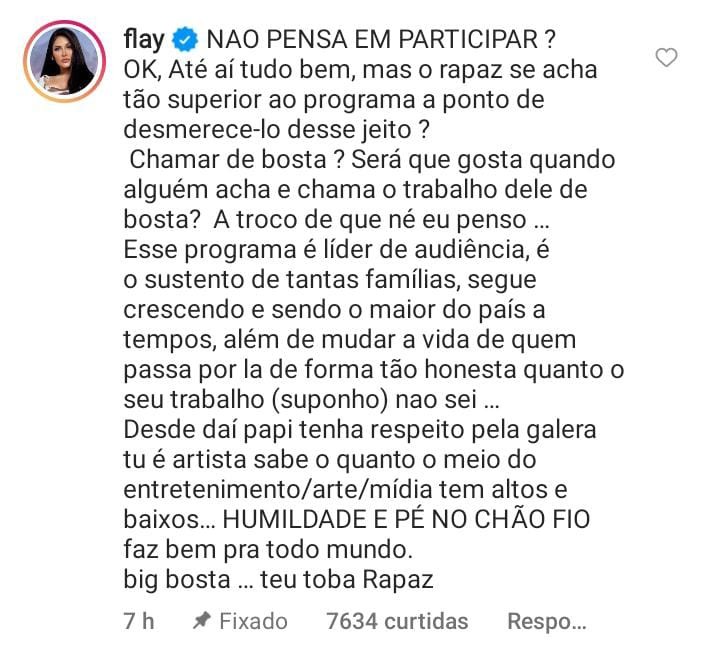 Flay rebate fala de Ícaro Silva sobre Big Brother Brasil (Foto: Reprodução / Instagram)