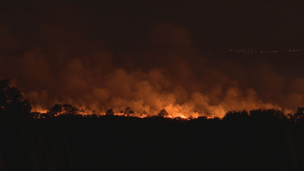 Incêndio no Parque Nacional de Brasília, na noite desta segunda-feira (5) — Foto: TV Globo/Reprodução