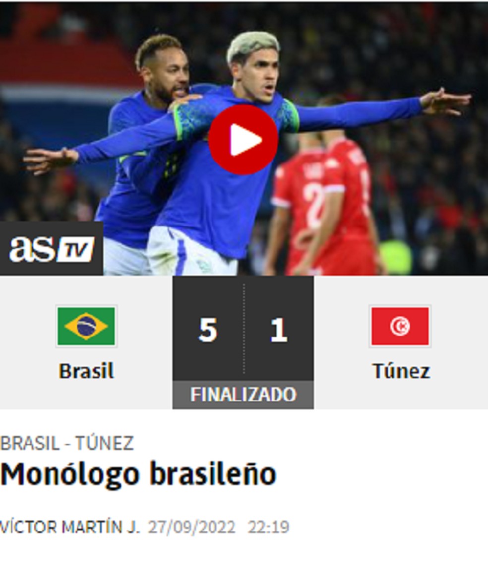 Jornal "As" elogia atuação do Brasil na vitória sobre a Tunísia — Foto: Reprodução
