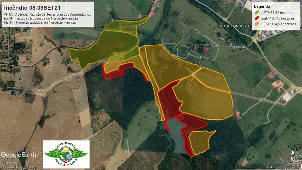 Mapa divulgado pela Polícia Militar Ambiental indica área do antigo IPA, em Rio Preto (SP), que foi atingida por queimada — Foto: Polícia Militar Ambiental/Divulgação