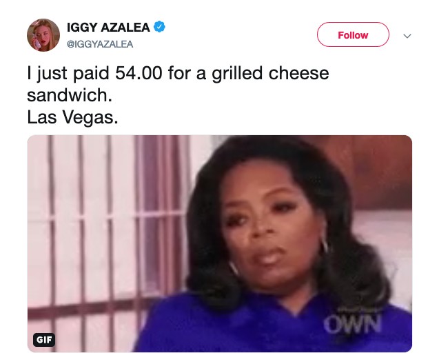 O tuíte no qual Iggy Azalea lamenta pelos 54 dólares pagos por ela em um sanduíche (Foto: Twitter)