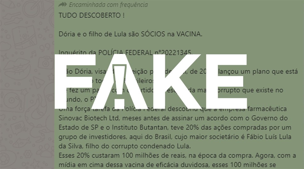 &Eacute; #FAKE que filho de Lula comprou 20% das a&ccedil;&otilde;es da Sinovac em acordo com governo de S&atilde;o Paulo &mdash; Foto: G1