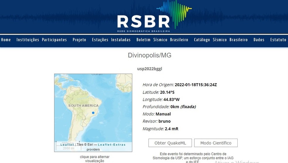 Abalo sísmico de magnitude 2.4 foi registrado nesta terça-feira (18) em Divinópolis — Foto: RSBR/Reprodução 