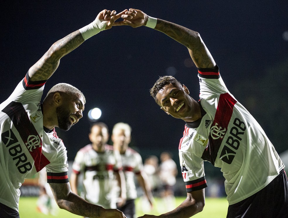 Gabigol e Bruno Henrique comemoram contra o Goiás, partida em que o Flamengo não sofreu gols — Foto: Alexandre Vidal / Flamengo