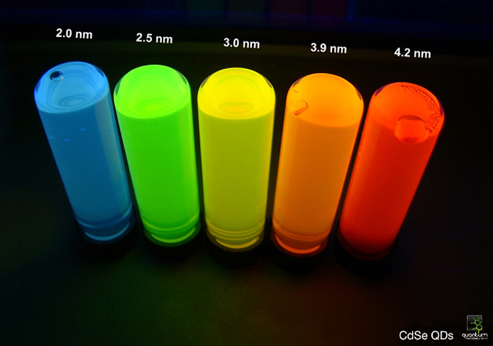 Imagem mostra os cristais chamados de pontos quânticos. Observe como as cores emitidas são intensas e vivas. No caso de TVs, apenas os vermelhos e verdes são usados (Foto: Divulgação/Quantum Materials)