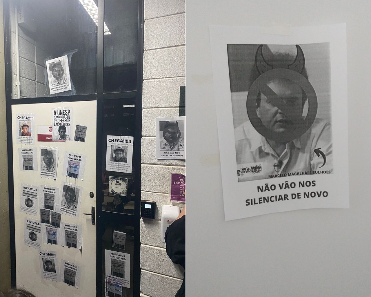 Alunos colaram cartazes na sala onde Bulhões daria aula para a turma de Relações Públicas (Foto: Arquivo Pessoal)