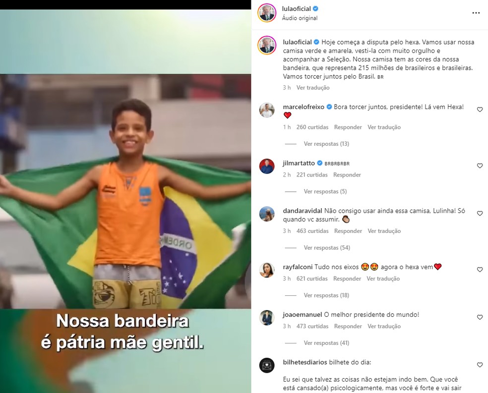 Presidente eleito, Lula publica mensagem sobre a Copa do Mundo em rede social — Foto: Instagram/Reprodução