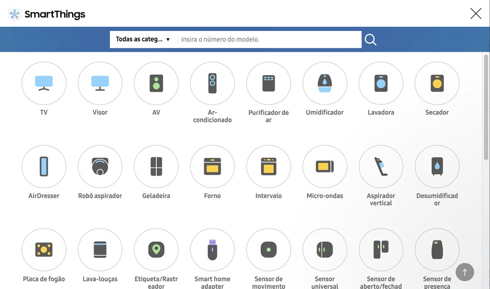 Site oficial da Samsung oferece ferramenta que indica produtos compatíveis com o aplicativo SmartThings — Foto: Reprodução/Suporte Samsung 