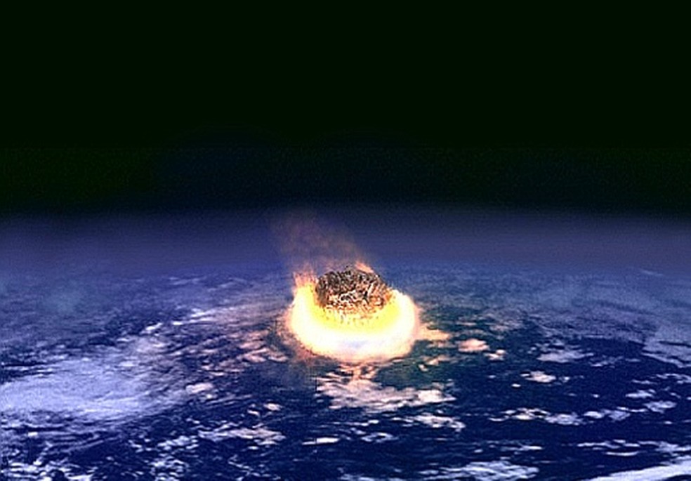 Representação artística do impacto do asteroide que causou o evento K-T  — Foto: Nasa