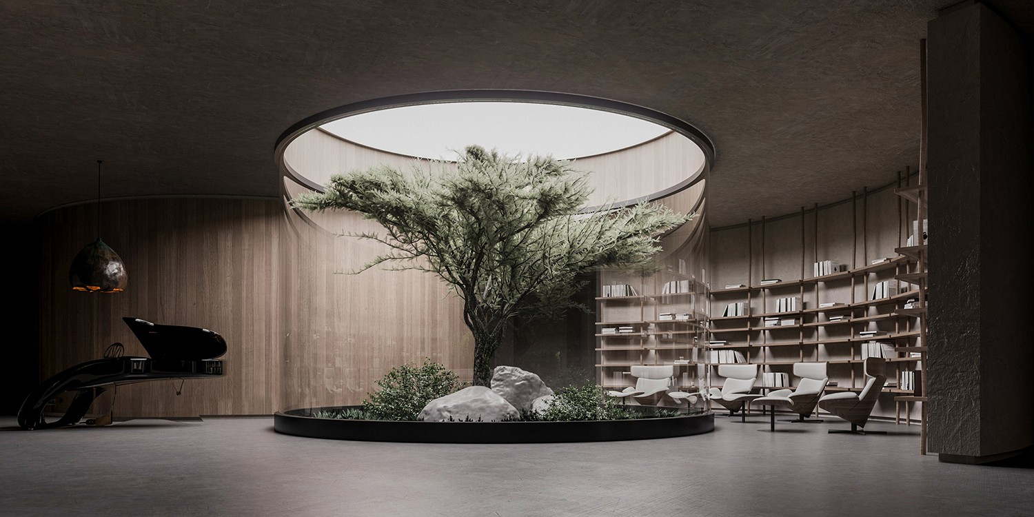 No centro do salão foi projetado um jardim de inverno cilíndrico com um forro iluminado por trás que simula a luz do sol sobre uma árvore artificial (Foto: Sergey Makhno Architects / Reprodução)