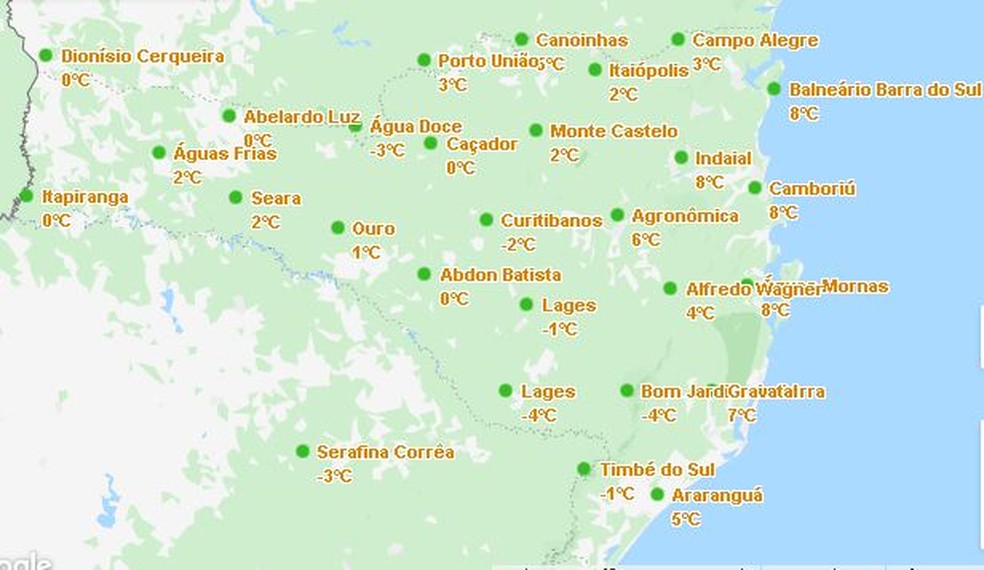 Estações da Epagri/Cirasm registram frio em todas regiões catarinenses — Foto: Epagri/Ciram/Reprodução