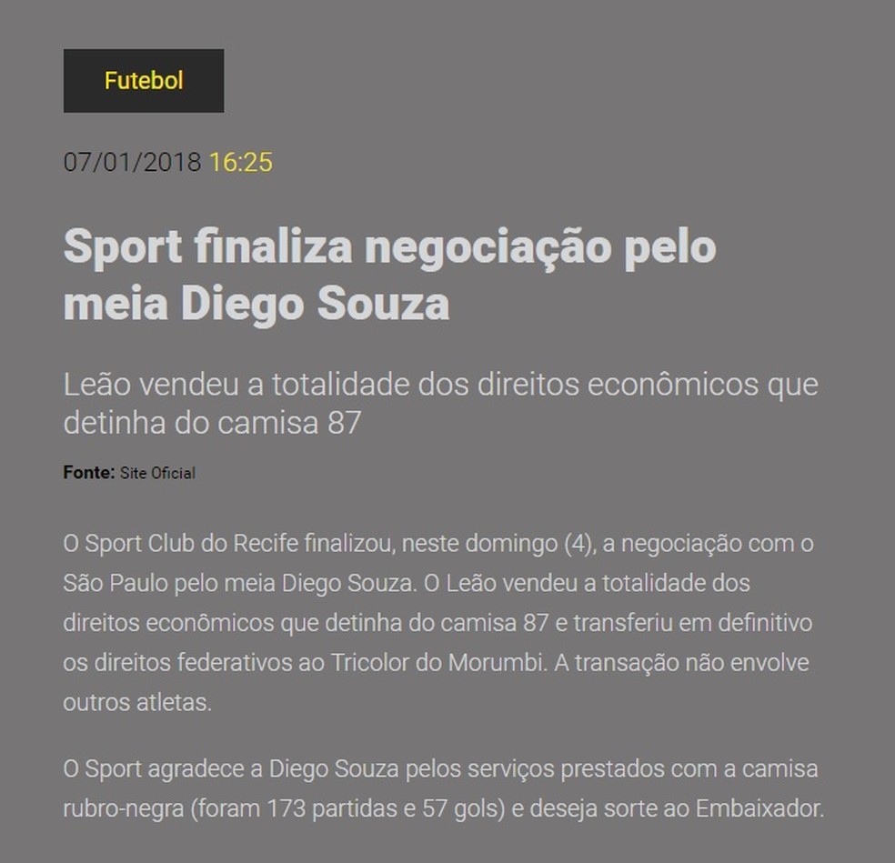 Sport anuncia venda de Diego Souza ao São Paulo (Foto: Reprodução)