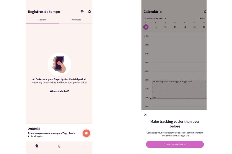 O aplicativo Toggl Track sincroniza a função de calendário com as informações pessoais do usuário  — Foto: Reprodução/Gisele Souza