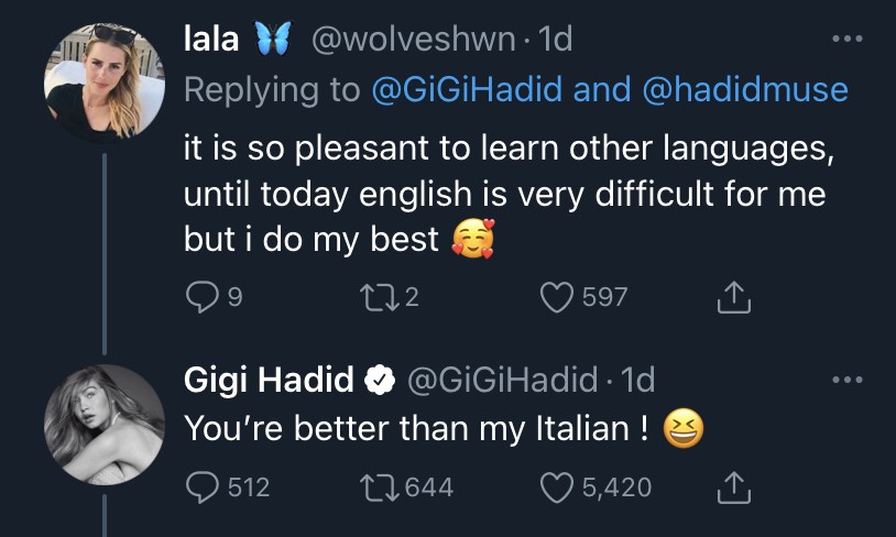 Gigi Hadid comenta aprendizado de italiano durante a quarentena (Foto: Reprodução / Twitter e Instagram)