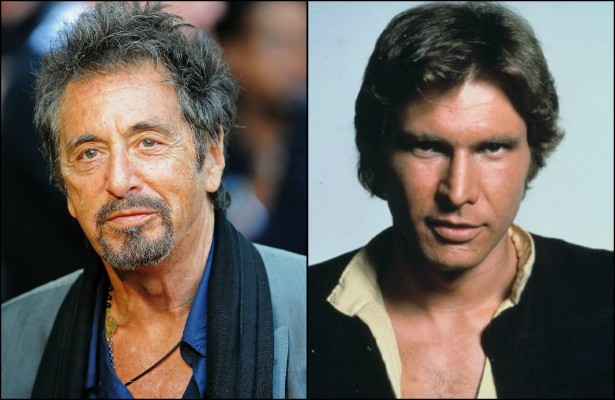 Al Pacino (à esq.) recusou o papel de Han Solo nos primeiros filmes da saga 'Guerra nas Estrelas', nas décadas de 70 e 80. Sorte de Harrison Ford, que ganhou mais um grande personagem para seu rico histórico no mundo da ação. (Foto: Getty Images e Divulgação)
